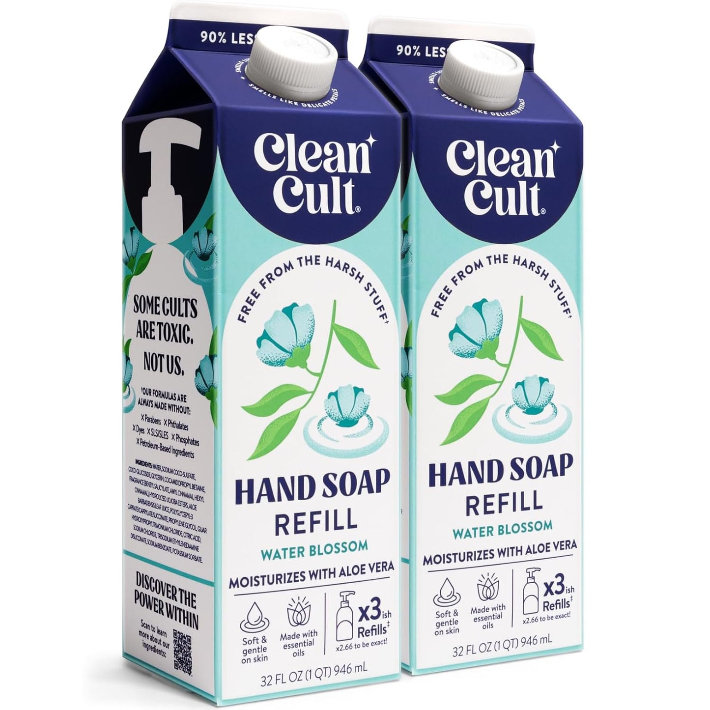 Cleancult Liquid Hand Soap Refill - Water Blossom - Moisturizes Dry & Sensitive Skin - Made with Aloe Vera & Essential Oils - Eco Friendly - Paper-Based Packaging - 32 oz/2 Pack