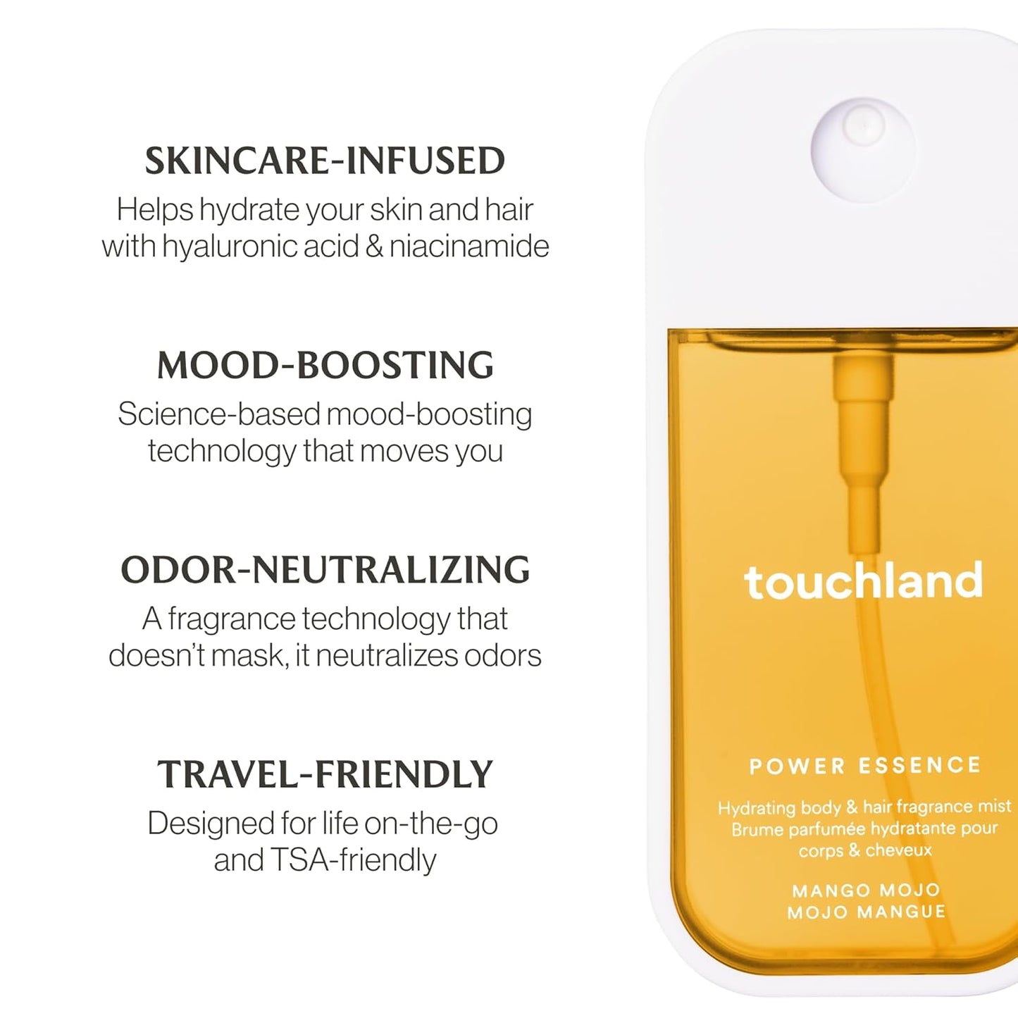 Touchland Power Essence Hydrating Body & Hair Fragrance, Mango Mojo, 2 FL. OZ. Travel Size Body Mist
