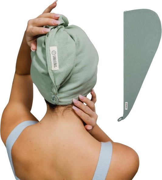 Sand Cloud Cotton Hair Towel Wrap, Sage - Quick Dry Hair Towel for Wet Hair - 100% Turkish Organic Cotton, Half Terry Weave with Binding Edge - 10" x 15" Lightweight, Frizz-Free Hair Drying Towel