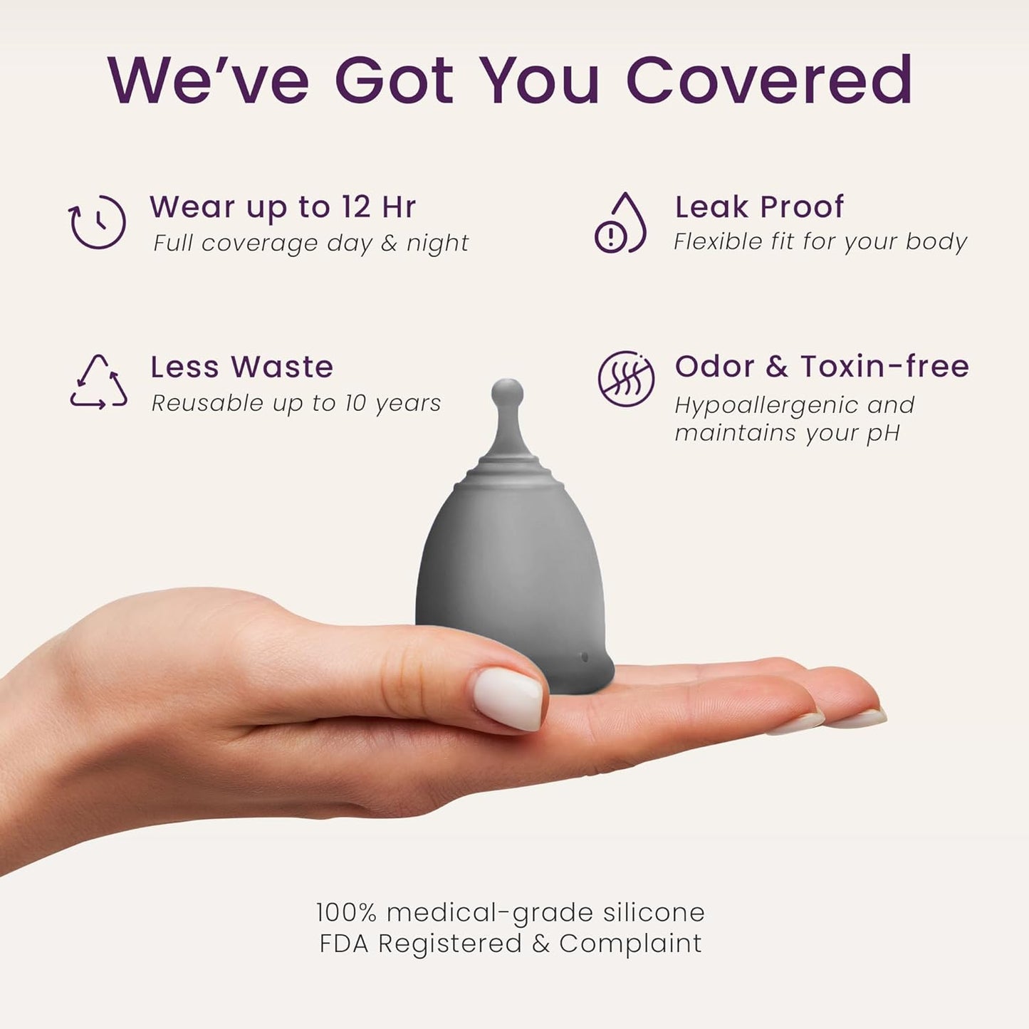 EcoBlossom Reusable Menstrual Cup and Case - The Most Reliable Medical Grade Silicone Period Cups - Comfortably use for 12 Hours (Large (Pack of 2), Gray Cup & Case)