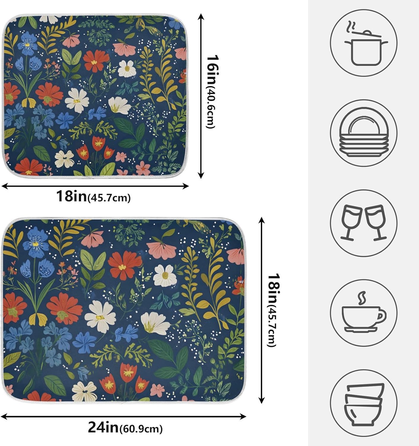 Wildflowers Dark Blue Dish Drying Mats for Kitchen Counter Absorbent Microfiber Dish Drying Matt 16 x 18 Inch Draining Reusable Rack Pad