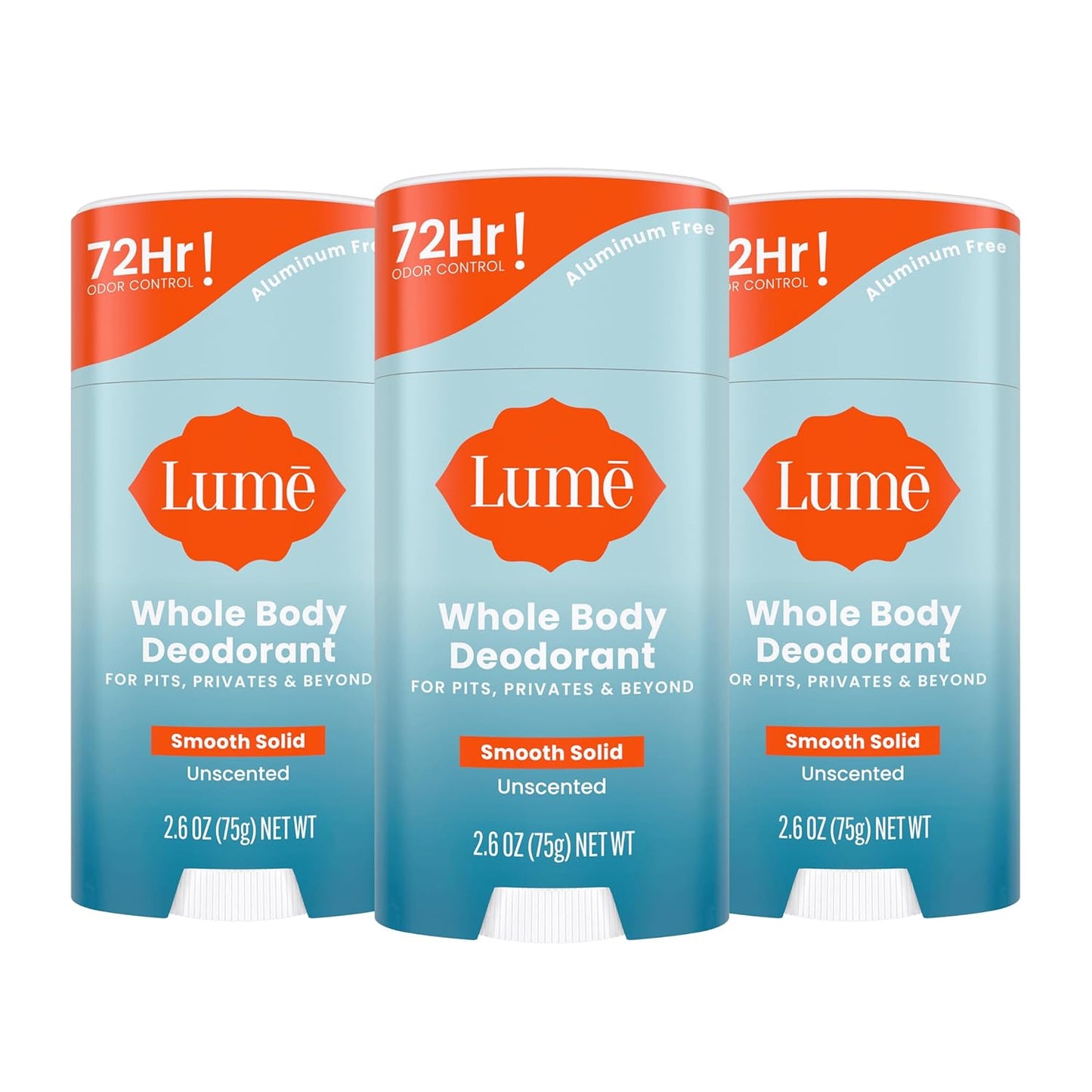 Lume Whole Body Deodorant - Smooth Solid Stick - 72 Hour Odor Control - Aluminum Free, Baking Soda Free and Skin Loving - 2.6 Ounce (Pack of 3) (Unscented)