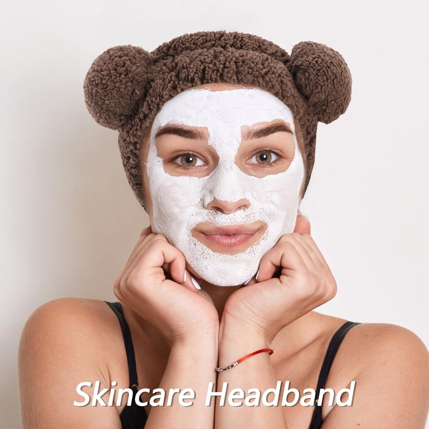 VELSCRUN Spa Headband, Makeup Face Wash Skincare Headbands, 5 Pcs Sponge Get Ready Bear Ears Hairband Facial Wristband Hair Clip Set, Stuff for Teen Girls Women Trendy Hair Accessories Dark Brown