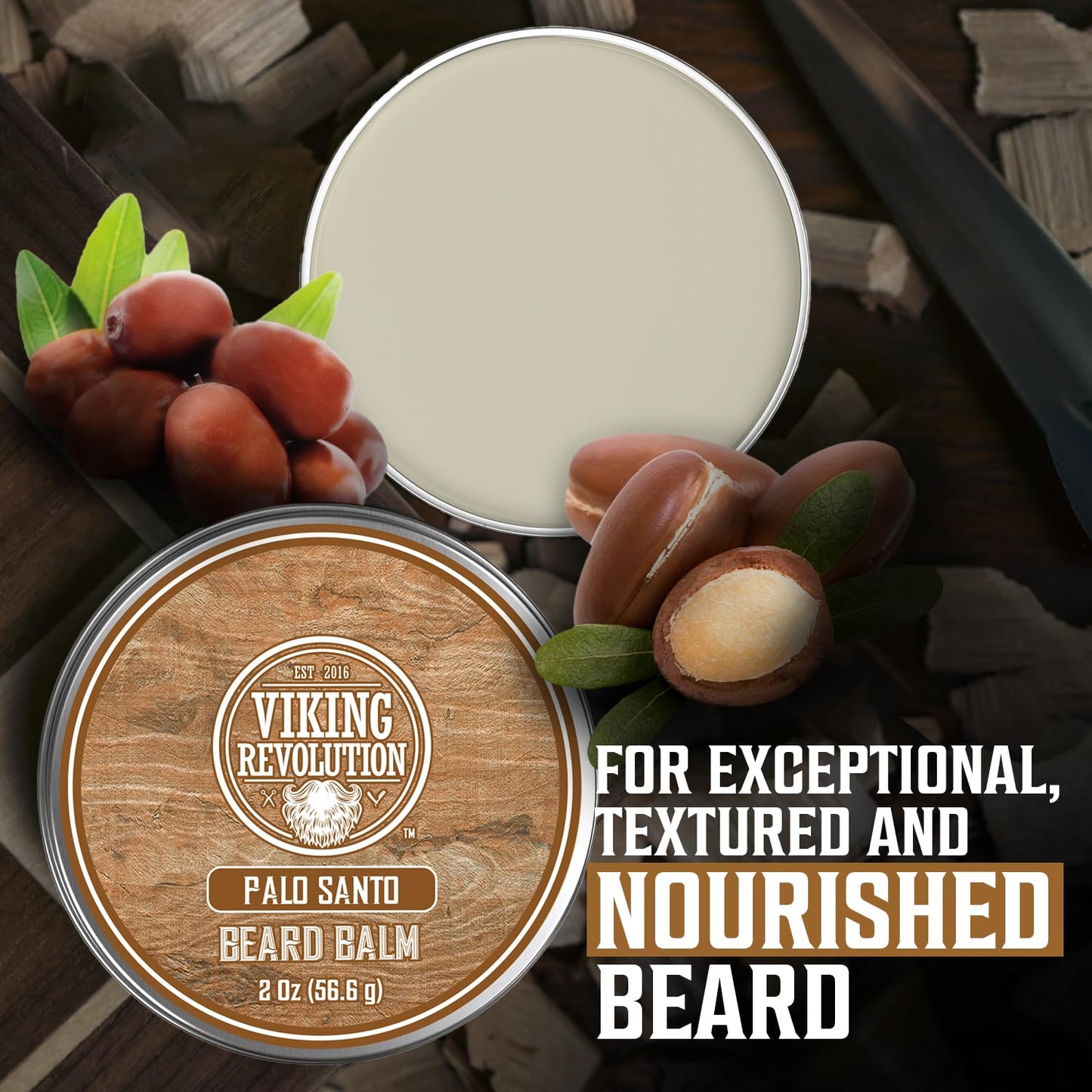 Viking Revolution Palo Santo Beard Balm for Men - Beards Butter for Men with Argan Oil and Jojoba Oil - Beard Softener and Moisturizer for Mens Beards Styling Balm (1 Pack, 2oz)