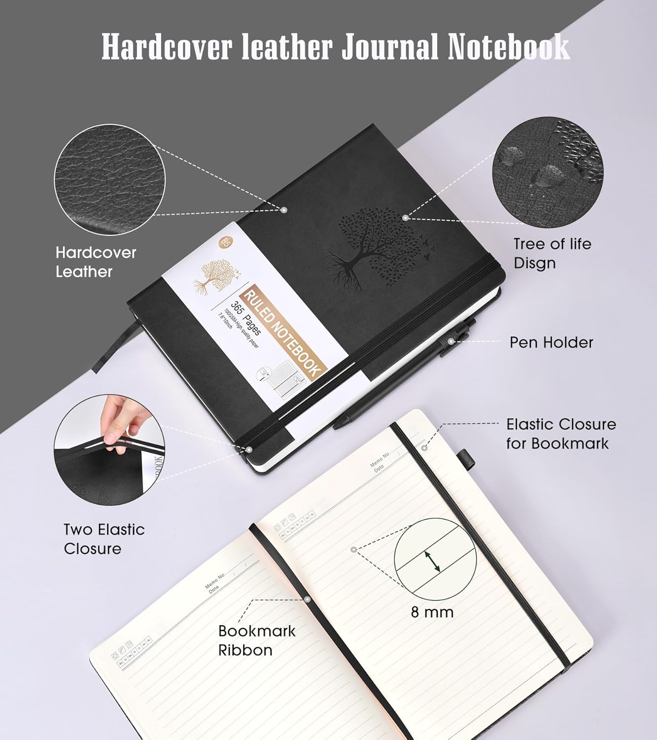 Lined Journal Notebook, 365 Pages B5 Large Journals for Writing Ruled Notebook, Hardcover Leather Journal for Women Men, Daily Notebook for Work, Note Taking, 100Gsm Thick Paper ( 7.6'' X 10'' Black)