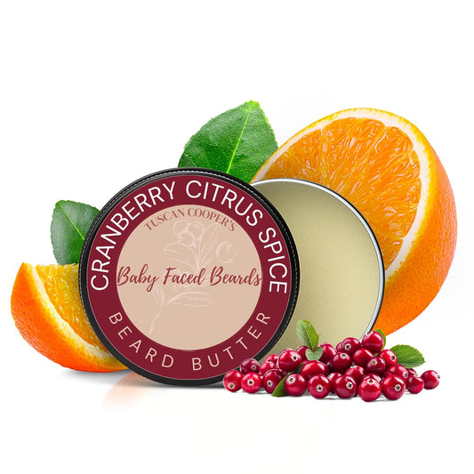 Tuscan Cooper's Baby Faced Beards Butter for Men - Moisturizing Beard Balm Cream and Softener for All Hair Types Including Coarse Hair - 4oz Hydration and Conditioning Care - Cranberry Citrus Spice