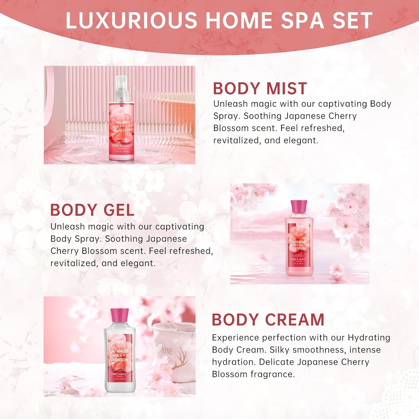 Bath and Body Gift Set for Women & Girls, Japanese Cherry Blossom Spa Set With Natural Extracts-Shower Gel, Body Lotion, Body Mist, Body Care Travel Set for Birthday Mother's Day Gifts