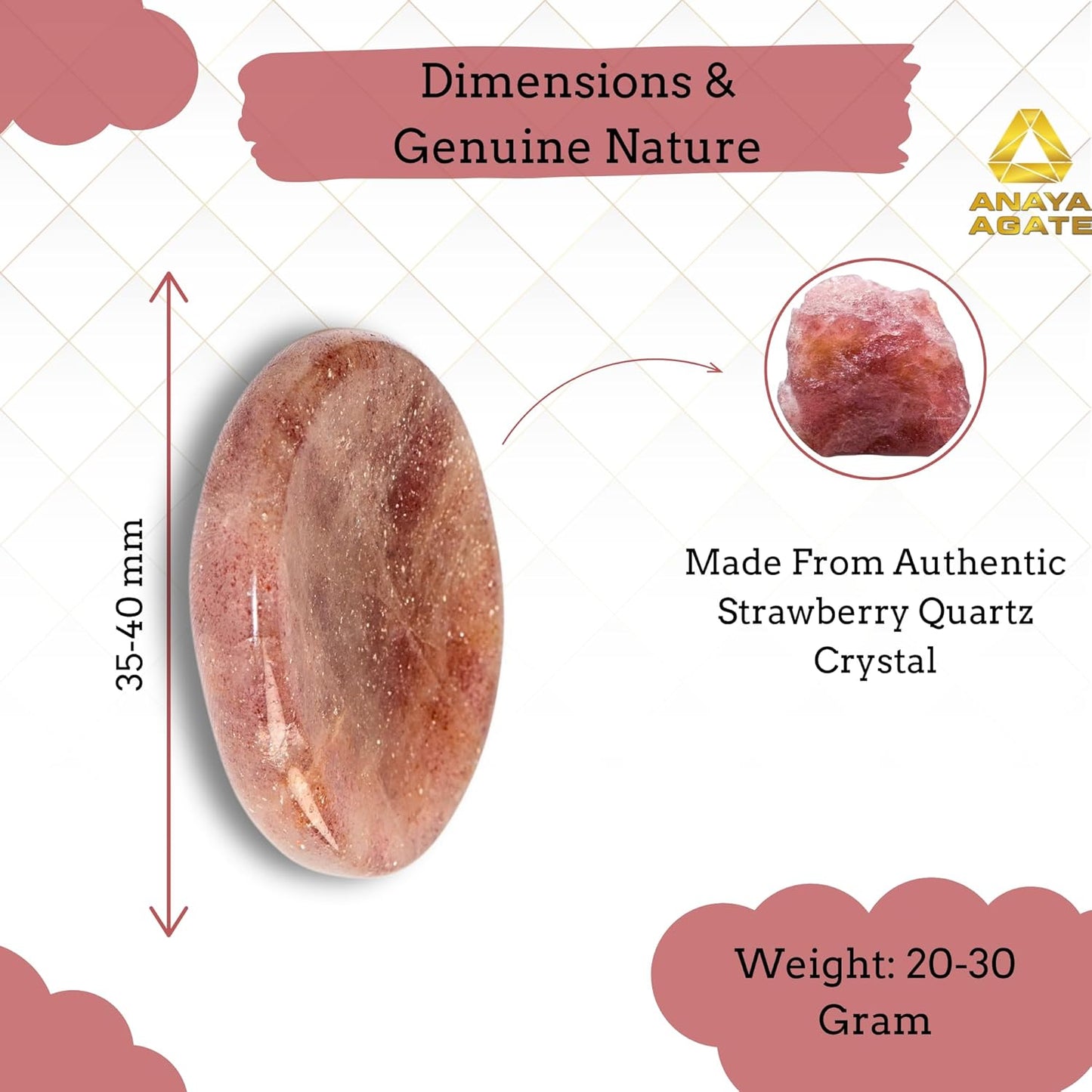 Strawberry Quartz Worry Stones – Crystal Thumb Worry Stone for Anguish, Stress – Relaxing and Soothing Balance Stones for Meditation, Stress Relief – Healing Stones and Crystals for Men and Women
