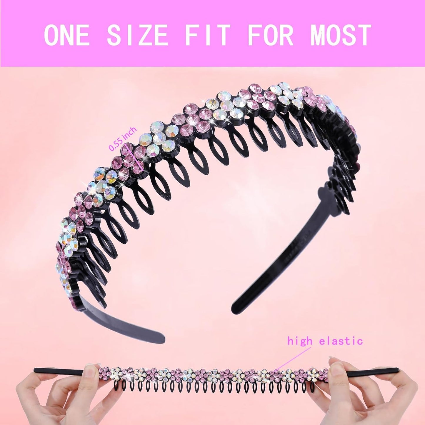 Rhinestone Headband with Teeth Comb Flower Glitter Headband for Women Girls Sparkly Crystal Plastic Hairband Non Slip Hair Hoop Hair Accessories for Ladies Girls with 4PCS