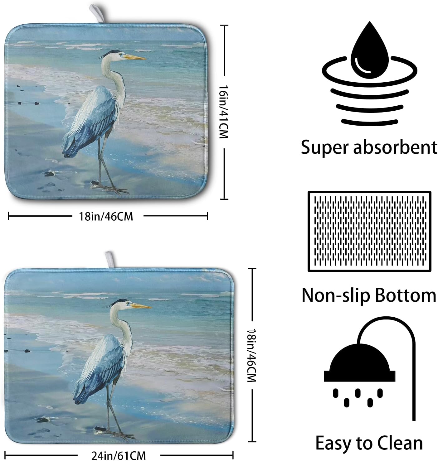 Summer Blue Dish Drying Mat for Kitchen Counter 18x24 Inch Heron Coastal Beach Drying Mats Nautical Ocean Bird Dishes Drainer Mats Microfiber Absorbent Dish Rack Pad