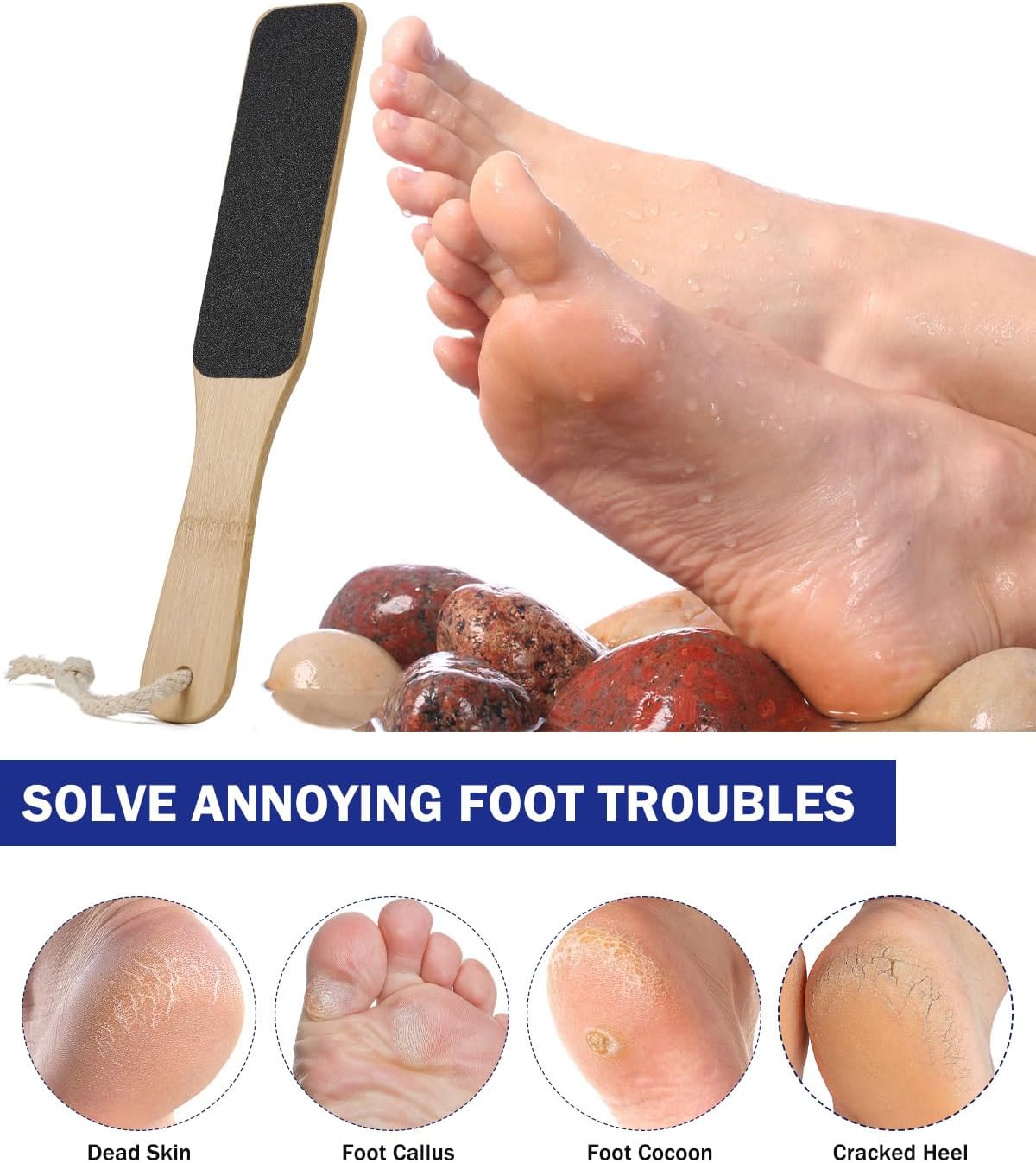 BEZOX Foot File Callus Remover with Bamboo Handle(1 PCS), Double-Sided Portable Foot Scrubber, Professional Pedicure Heel Sander for Smooth and Beautiful Feet - Dark