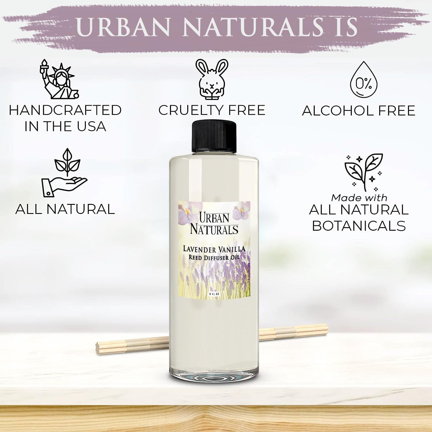 Urban Naturals Reed Diffuser Oil Refill Lavender Vanilla with Creamy Vanilla, White Woods 8 oz + Free Reed Sticks, Made in The USA