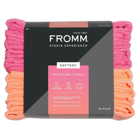 Fromm Softees Microfiber Towels for Hair Salon, Barber, Spa, Gym, Hair Wrap for Drying Curly, Long, Wavy Hair, Pink/Orange, 16 x 29 Inches, 10 Pack