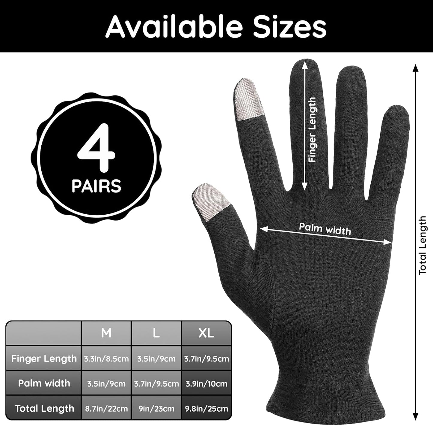 Segbeauty 8 Counts Touchscreen Black Hand Moisturizer Cotton Gloves with Elastic Band, 4 Pair Sleep Lotion Gloves for Dry Hands Overnight with Touchscreen Fingers, Home Spa Cotton Glove Liners for Men