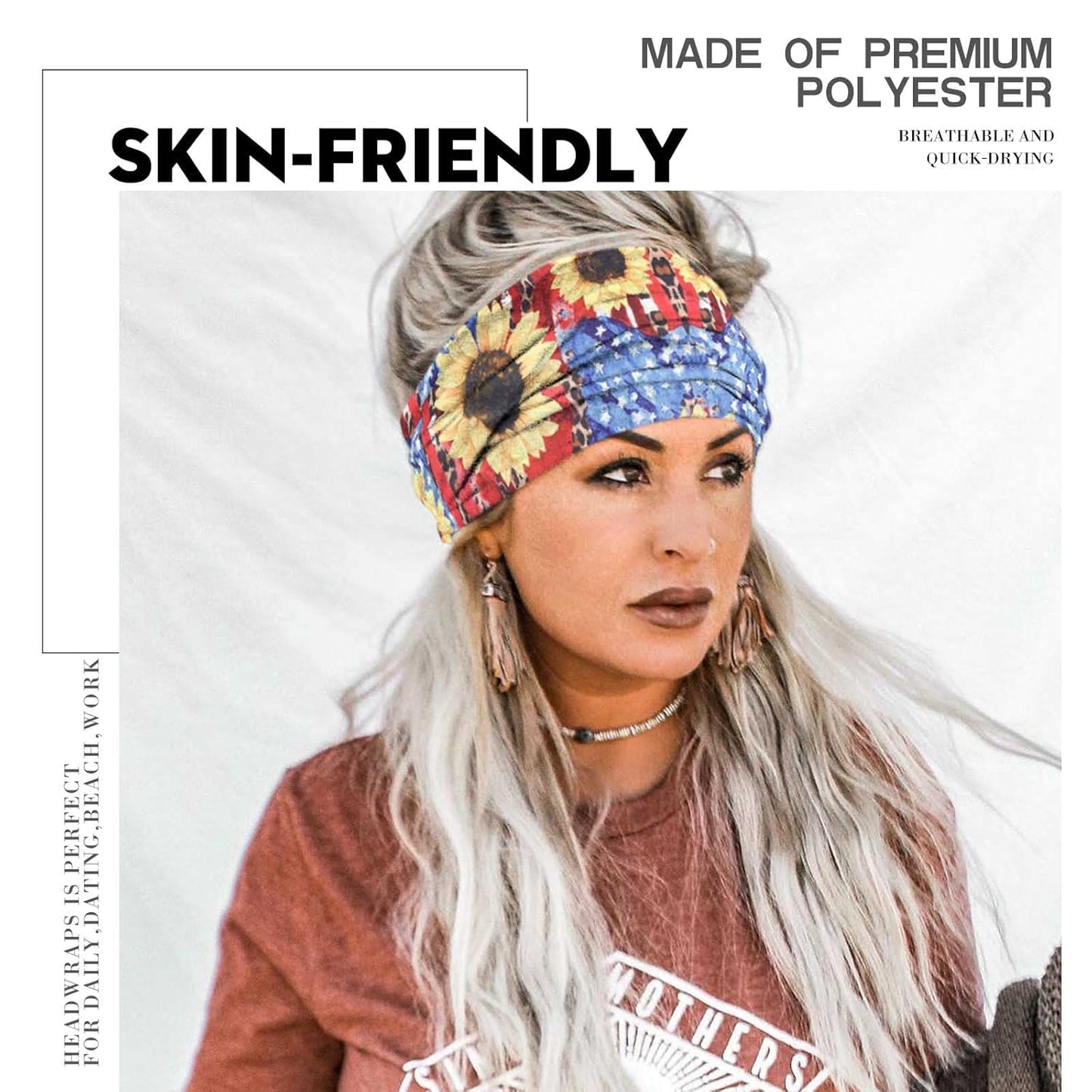 Olbye Wide Boho Headbands Turban Elastic Hairbands Nonslip Floral Bandana Workout Yoga Hair Scarfs Running Sweatband African Head Wraps Bohemian Hair Accessories for Women (F- Flower)