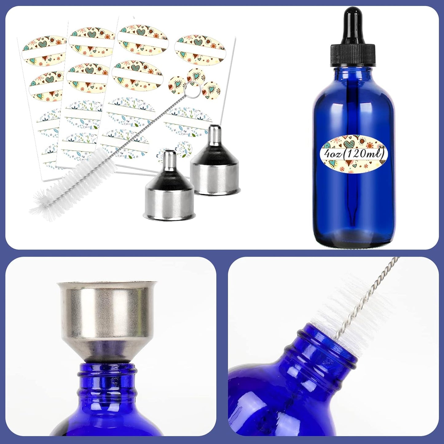 CycleMore 16 Pack (120 ml) 4 oz Blue Boston Bottles with Glass Eye Droppers, Glass Dropper Bottles for Essential Oils & Lab Chemicals & More Liquids Ideal for Mom & Friends