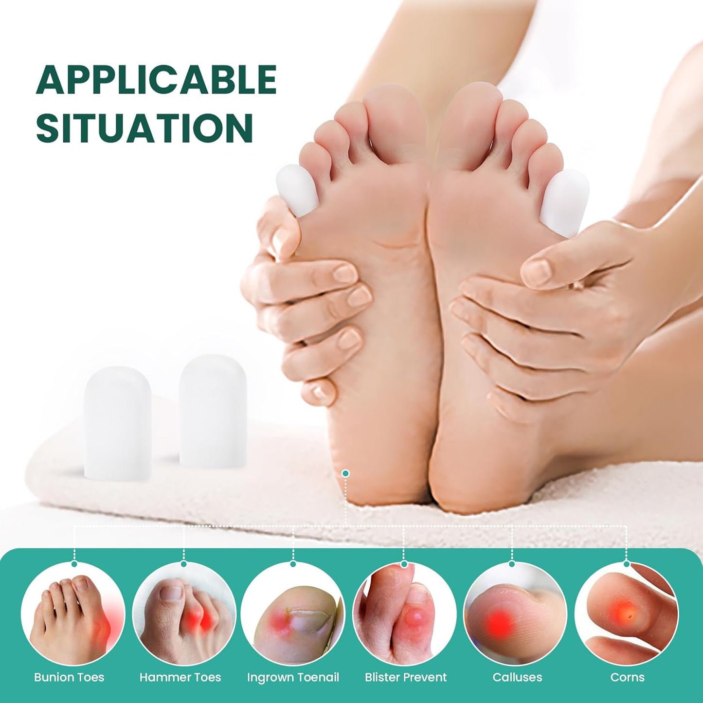 Welnove Gel Toe Cap and Protector - Silicone Toe Covers - Toe Cushions for Pain Relief, Missing or Ingrown Toenails, Corns, Calluses, Blisters (8 Small, White)