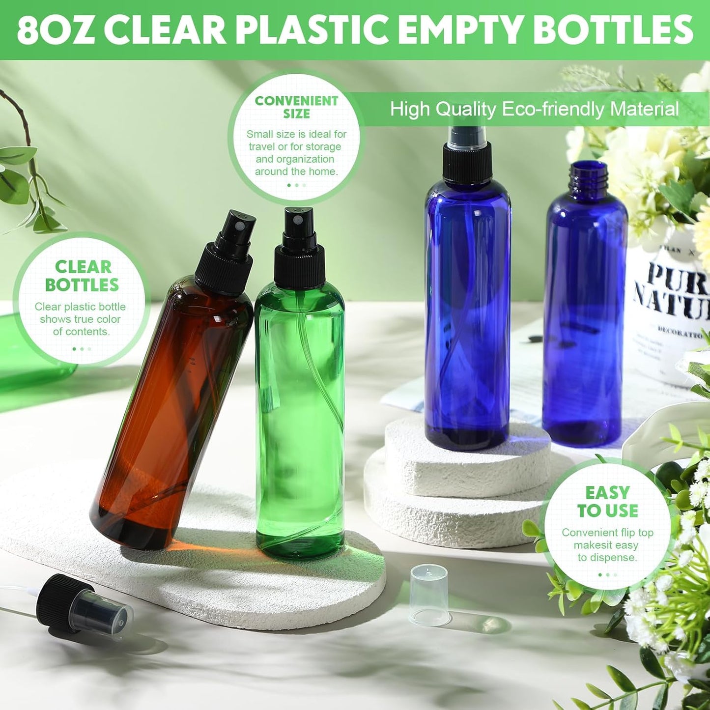 Eccliy 32 Pcs 8 oz Spray Bottles Fine Mist Cleaning Bottles Clear Empty Plastic Travel Sprayer Refillable Sprayer with Cap for Cleaning Solutions Oils Travel Perfumes (Multicolor,Colored)