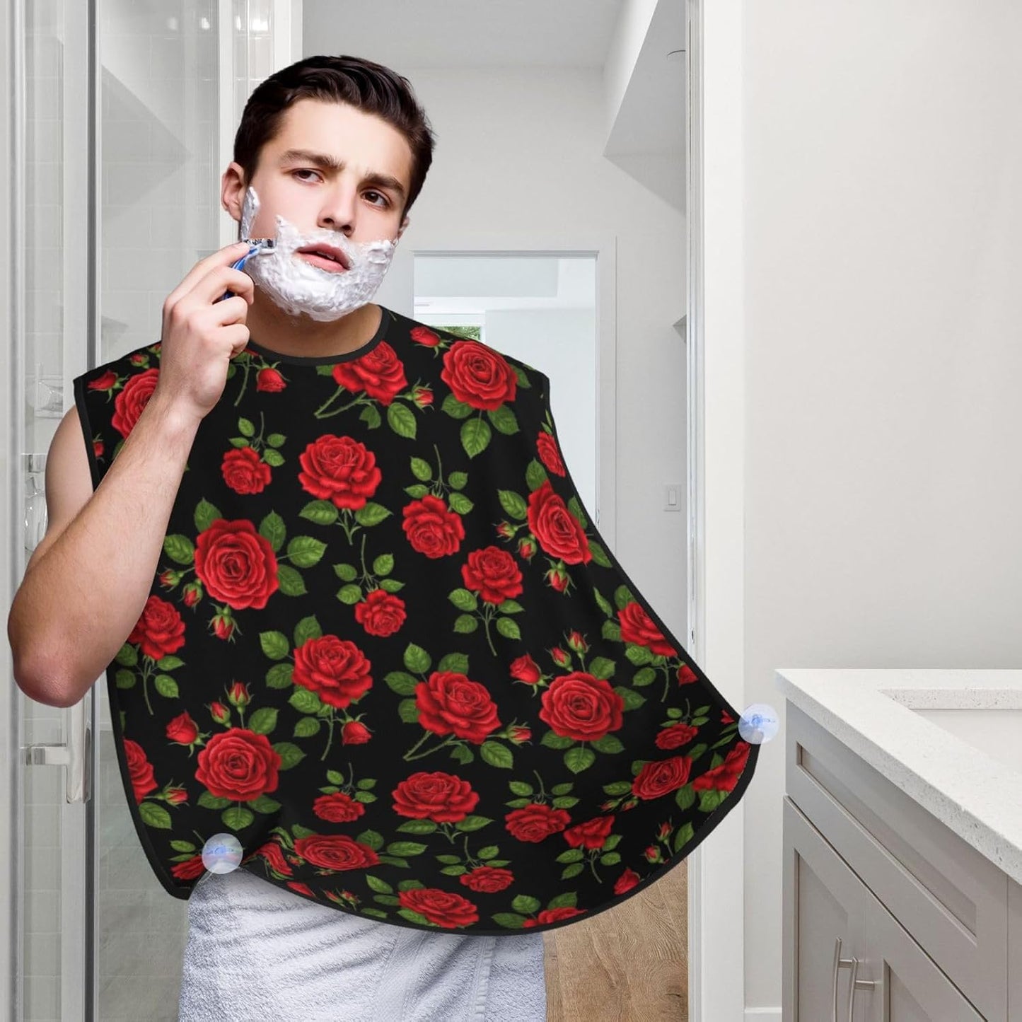 Ultimate Shaving Bib, Beard Trimming Apron with Hair Catcher, Floral Flowers Black Red Roses