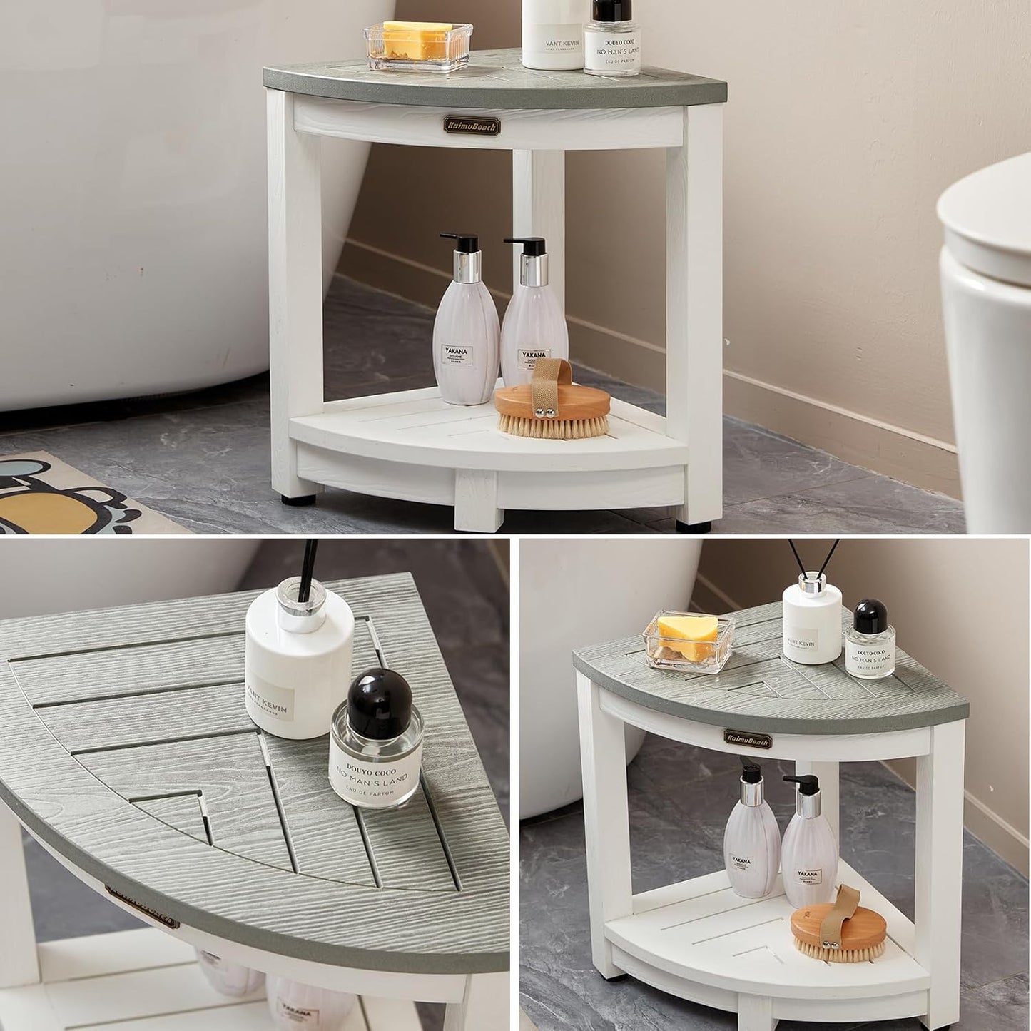 HDPS Corner Shower Stool, Heavy Duty Bench Seat with Shelf, Poly Shower Chair for Shaving Legs, No Maintenance, White+Gray, Weight Capacity 500LBS