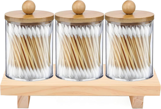 AXX Qtip Dispenser Apothecary Jars Bathroom - Qtip Holder Storage Canister Clear Plastic Jar for Cotton Swab,Q-Tips,Cotton Rounds (G#Bamboo 4Pcs)