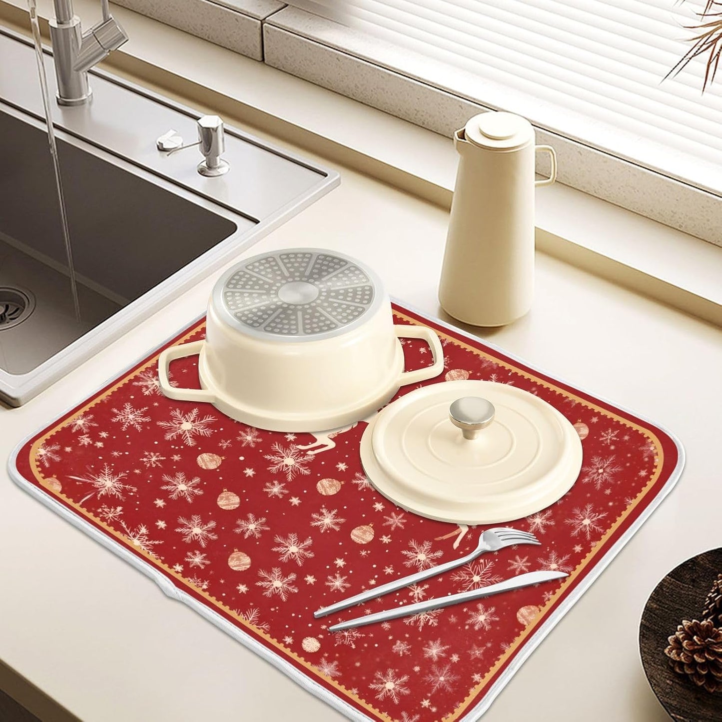 Golden Snowflake Elk Reindeer Red Dish Drying Mat Christmas Dish Drainer Mat for Kitchen Counter 18x24 inch Absorbent Microfiber Dishes Pad Xmas Winter Decoration
