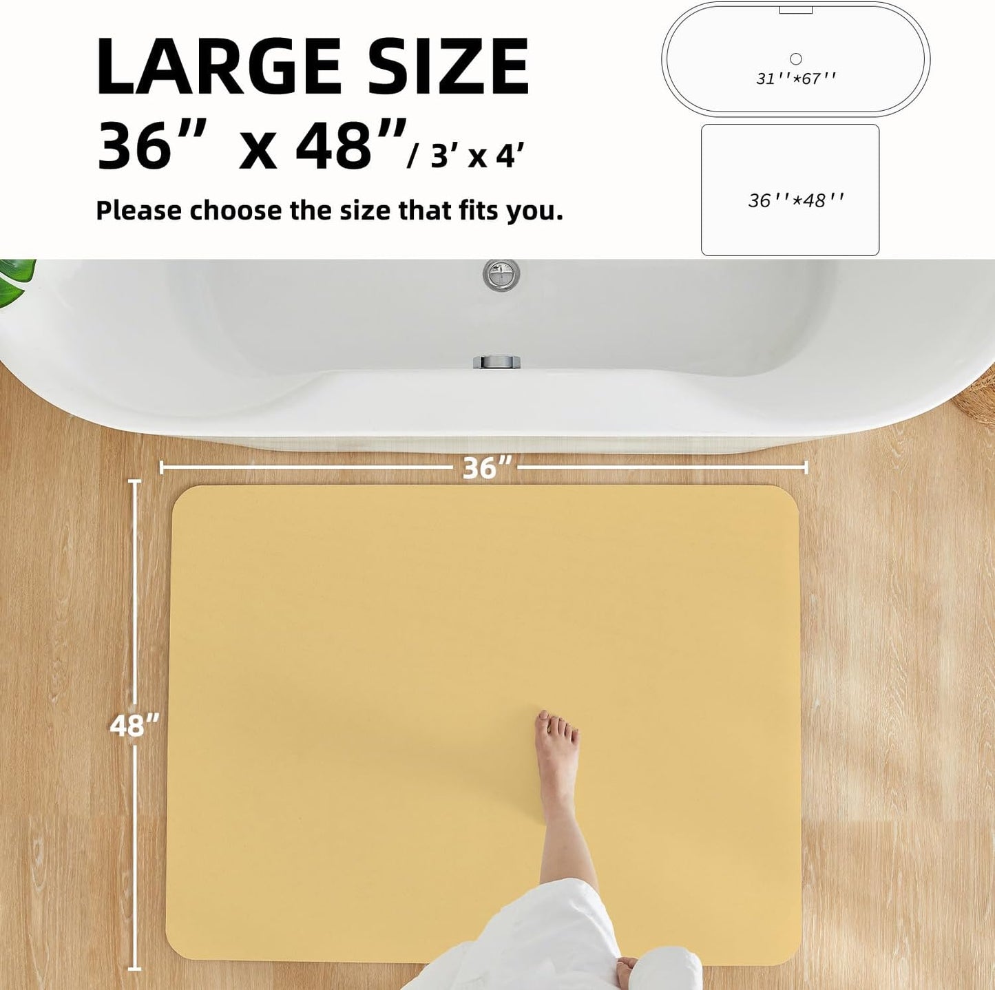 Bathroom Mat Quick Dry, Bathroom Rugs Non Slip Washable Thin Absorbent Bath Mat Fits Under Door Bathroom Floor Mat Perfect for Bath, Shower, or Sink 36"x48" Light Yellow