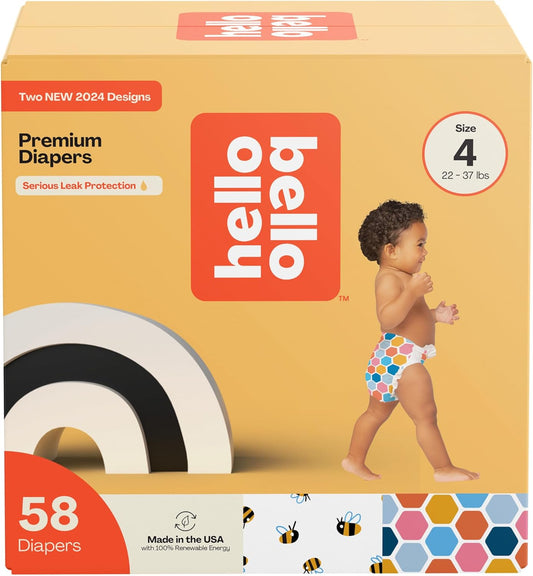 Hello Bello Premium Diapers Size 4 (22-37lbs), Busy Bees & Hive Five Designs, 58ct Club Box