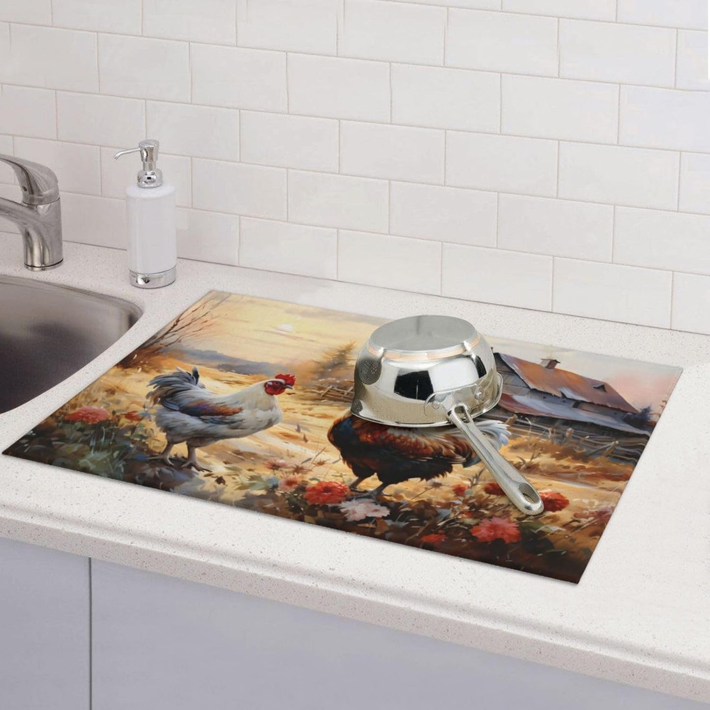 Farm Chicken Dish Drying Mat for Kitchen Counter Absorbent Dish Drying Pad Microfiber Countertop Protector Mat Reusable Dish Drainer Rack Mats Kitchen Accessories 18x24Inch