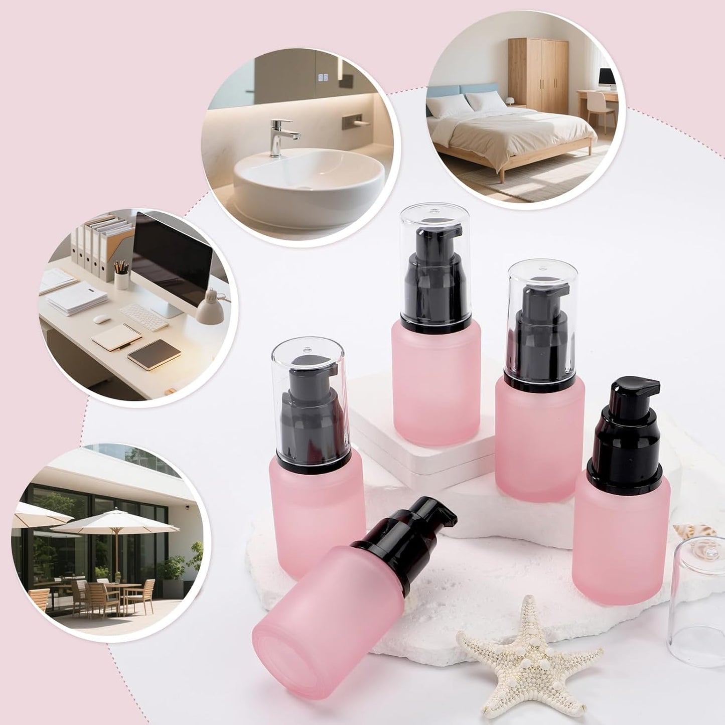 Segbeauty 1oz Frosted Empty Glass Lotion Bottles, 5pcs Small Pump Bottle Travel Size Pump Dispenser, 30ml Pink Reusable Cosmetic Containers for Cream, Refillable Glass Travel Bottle for Toiletries