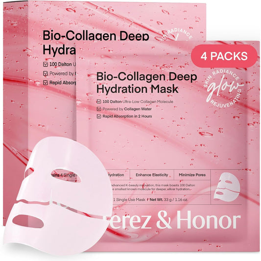 TEREZ & HONOR Collagen Face Mask: Korean Real Deep Bio Hydrogel Overnight Masks for Deep Hydration, Glowing, Pore Minimizing, Elasticity, 4 x 33g Fragrance-Free, 100 Da Ultra-Low Molecular Collagen