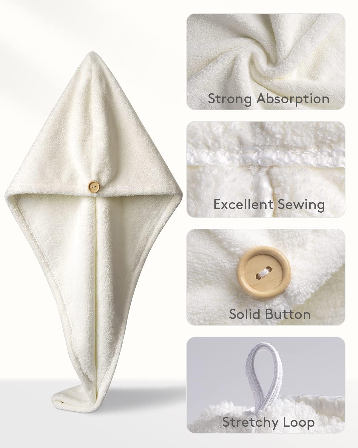 YFONG 3 Pack Hair Towel Wrap for Women with Button, Super Absorbent Microfiber Hair Towel for Wet Long Short Curly Hair, Soft Fast Drying Hair Turban Towel Anti Frizz（Blue, Pink, White）