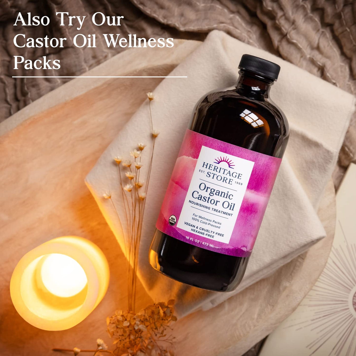 HERITAGE STORE Organic Castor Oil - Glass Bottle - Nourishing Treatment for Hair and Skin - Hair Oil, Eyelash Serum for Eyelashes, Brows, Castor Oil Packs - Cold Pressed, Hexane Free, Vegan 32oz