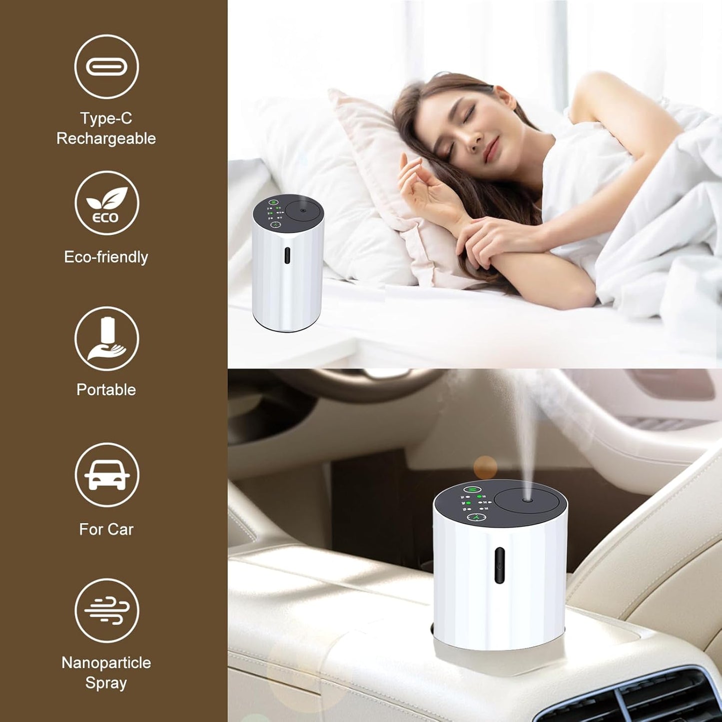 Waterless Essential Oil Diffuser Aromatherapy Scent Diffusers for Home Large Room, Bedroom, Car, Office, Desk, Battery Operated Mini Portable Air Freshener (White-2)