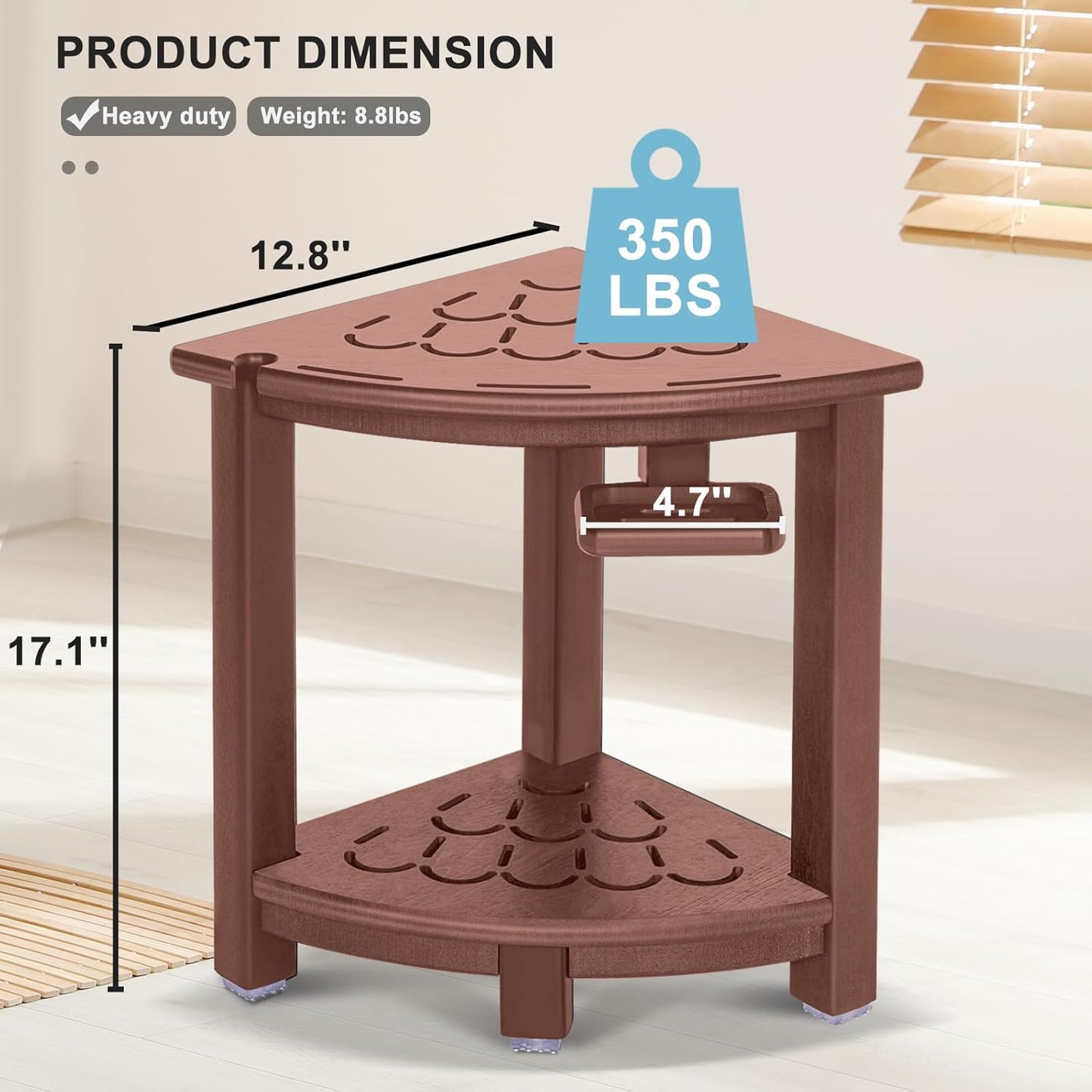 nalone Corner Shower Stool, HDPE Shower Bench for Inside Shower, Small Shower Chair Seat for Shaving Legs with Storage Shelf, Soap Box and No-Slip Feet (Brown)