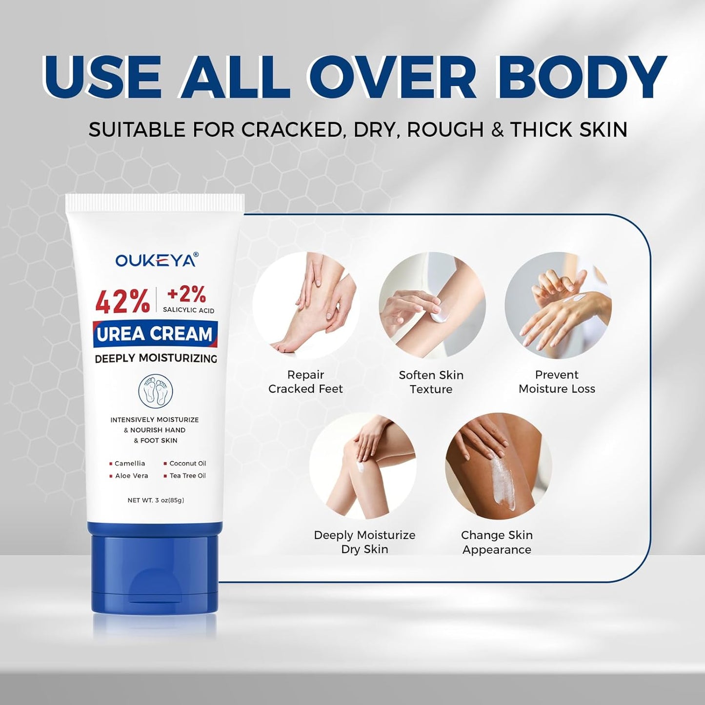 OUKEYA Urea Cream 42 Percent with 2% Salicylic Acid Tube 3 Oz, Foot & Hand Cream for Dry Cracked, 40 per Urea Lotion for Feet Maximum Strength, 3 Pack