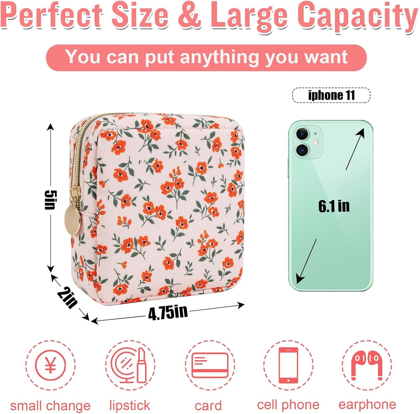 Nylon Mini Floral Makeup Bag for Purse, Small Cute Pink Makeup Bag Preppy Flower Cosmetic Zipper Pouch, Waterproof Travel Coin Pouch Sanitary Napkin Storage Bag Makeup Organizer for Women(Pink-Floral)