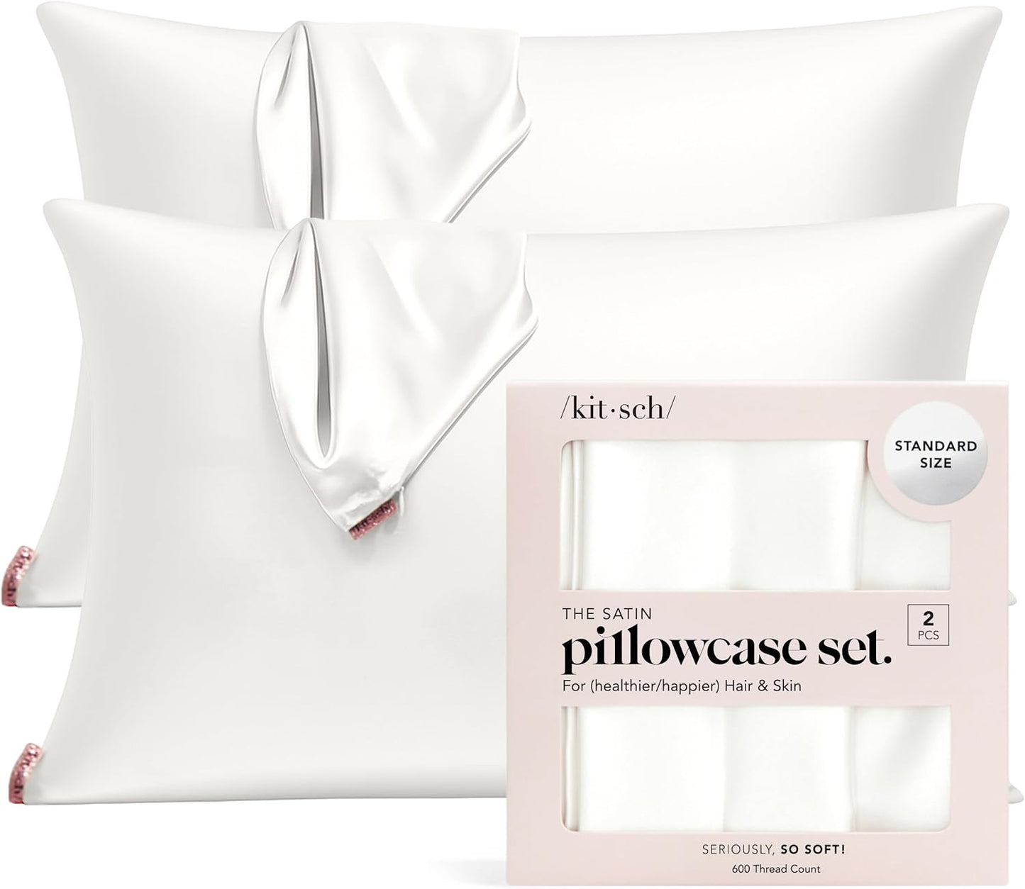 Kitsch Satin Pillowcase with Zipper for Hair & Skin, Softer Than Silk Pillow Cases Queen Size Set of 2, Wrinkle-Free, Smooth and Cooling Satin Pillow Covers, Standard Size 19"x26" - Ivory, 2pcs