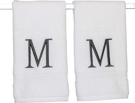 Dark Gray Initial Hand Towel for Bathroom - Monogrammed Luxury Hotel Quality Decorative Embroidered Towel for Powder Room, Spa - GOTS Organic Certified - Pack of 2, Letter M
