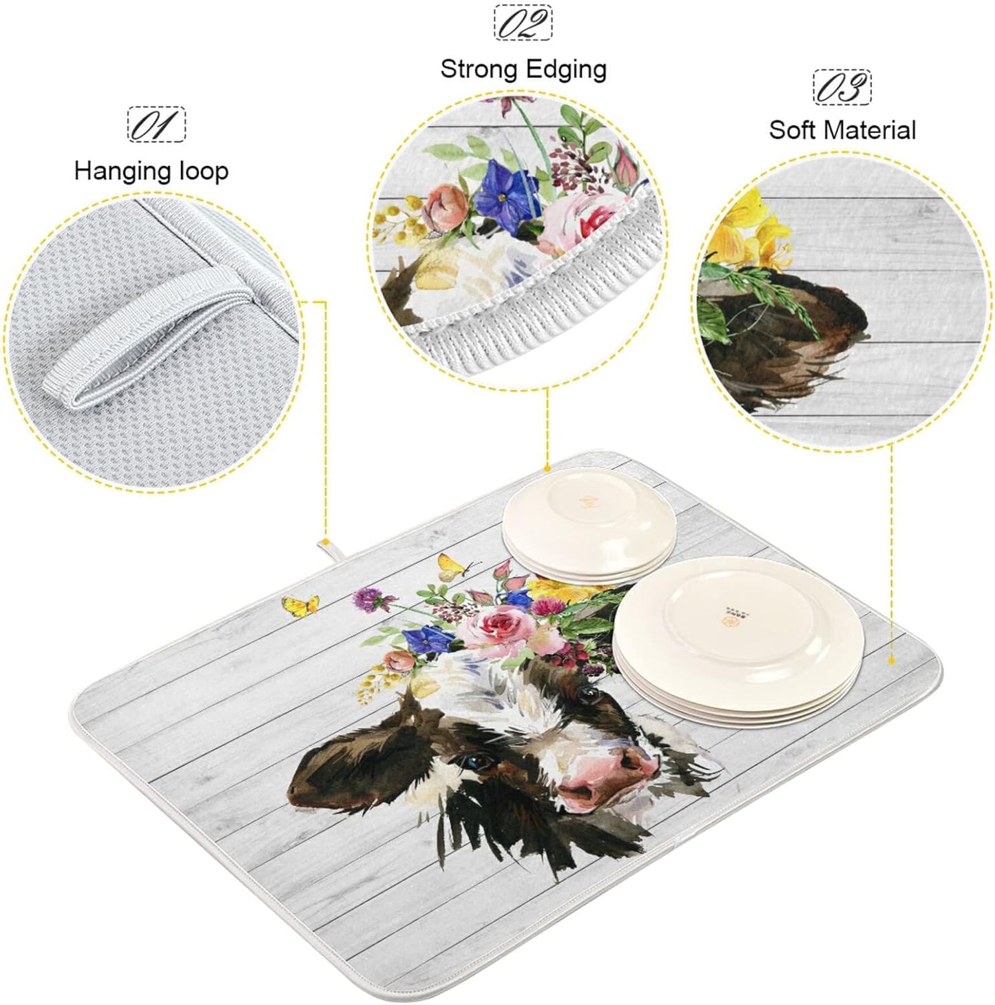 White Farmhouse Cow Wood Dish Drying Mats for Kitchen Drying Mat 16 x 18 Inch Absorbent Microfiber Drying Dish Mat Machine Washable Dish Rack Pad Dish Drainer Mat