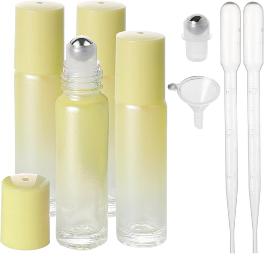 Essential Oil Roller Bottles, 10ml Thick Glass Perfume Roller Bottles with Funnel Opener and Dropper Colored Glass Empty Bottles with Stainless Steel Roller Balls (Yellow, 4 Pack)