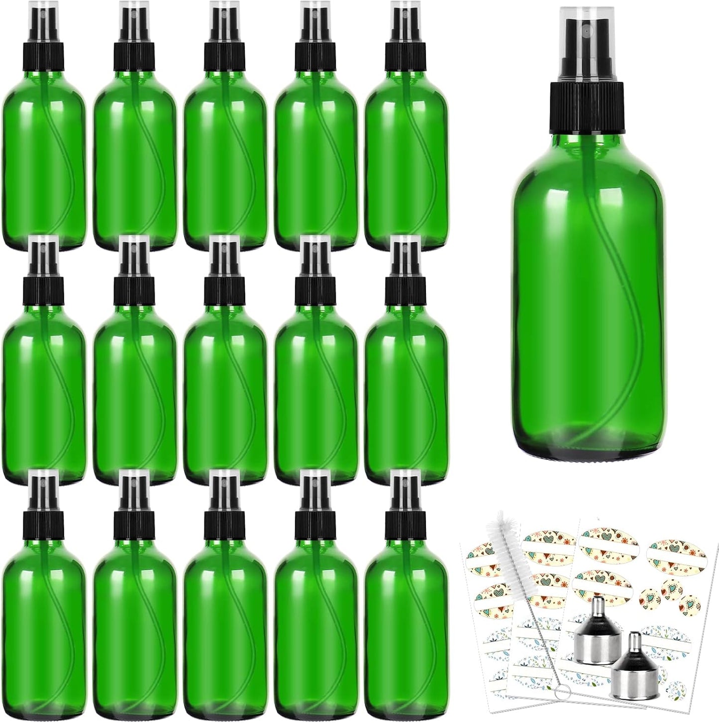 CycleMore 120ml 16 Pack 4oz Green Glass Spray Bottles with Fine Mist Sprayers, Glass Travel Bottles for Cosmetic, Essential Oils, Cleaning Solutions, Perfumes & More Liquids Ideal for Friends