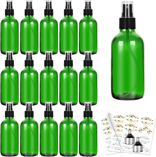 CycleMore 120ml 16 Pack 4oz Green Glass Spray Bottles with Fine Mist Sprayers, Glass Travel Bottles for Cosmetic, Essential Oils, Cleaning Solutions, Perfumes & More Liquids Ideal for Friends
