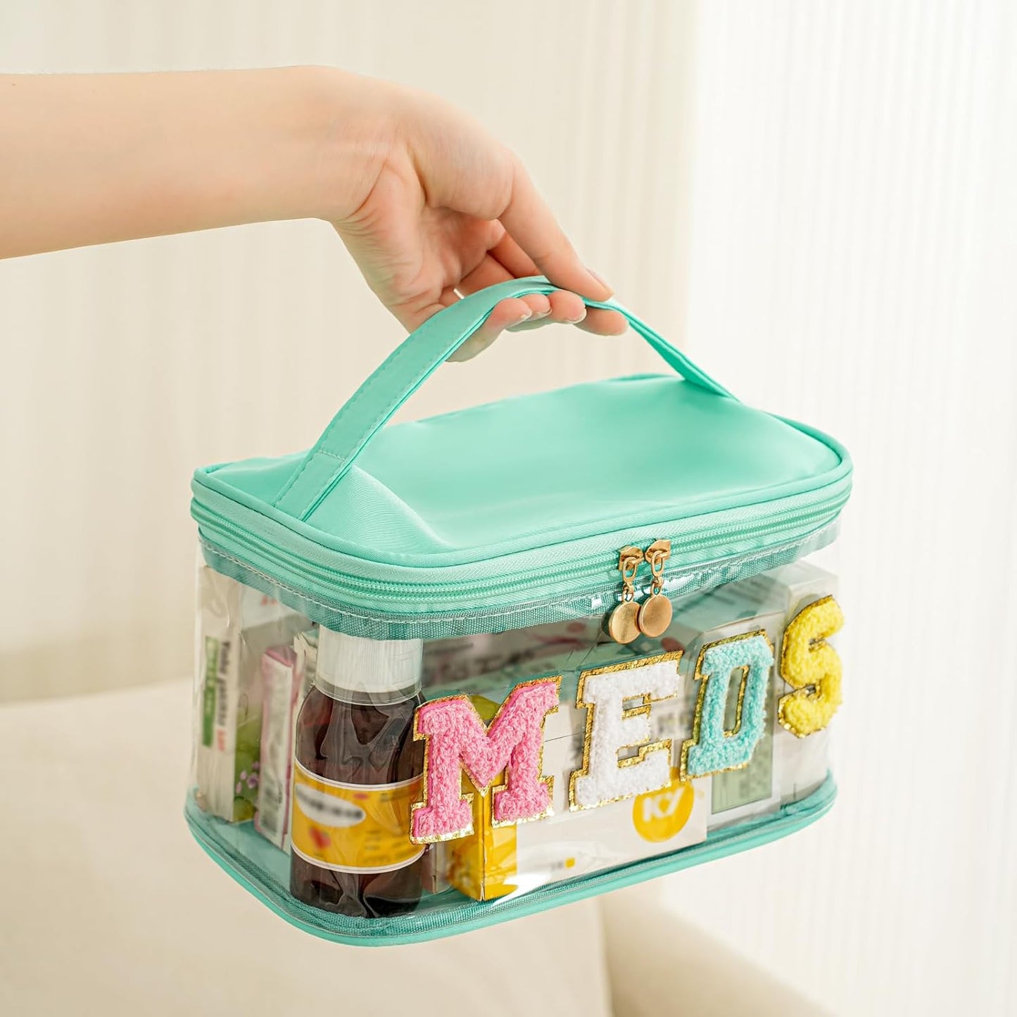 Personalized Chenille Letter Clear Medicine Makeup Bag, Large Waterproof Nylon Cosmetic Toiletry Storage bag with Top Handle, Transparent Meds First Aid Travel Organizer Cosmetic Bag(12Green-Meds)