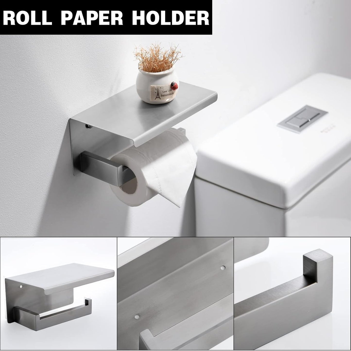 Brushed Nickel Bathroom Towel Bar Set Bathroom Accessories Hardware Set Including Towel Bar Towel Ring Coat Hook and Toilet Paper Holder with Shelf. Wall Mounted Stainless Steel