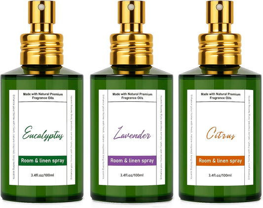 Room Spray Odor Eliminator 3 Pack, Natural Essential Oil Air Freshener Spray for Home Bathroom and Kitchen, Lavender, Citrus, Eucalyptus