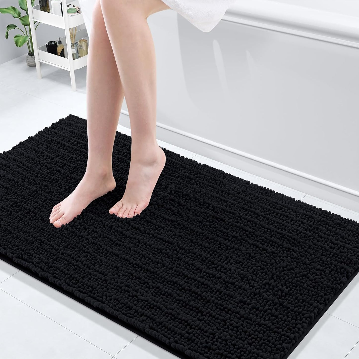Arotive Luxury Chenille Bathroom Rug Mat, Extra Soft Thick Absorbent Shaggy Bath Rugs, Non-Slip Machine Wash Dry, Plush Bath Mats for Bathroom, Shower and Tub, 54x24, Black