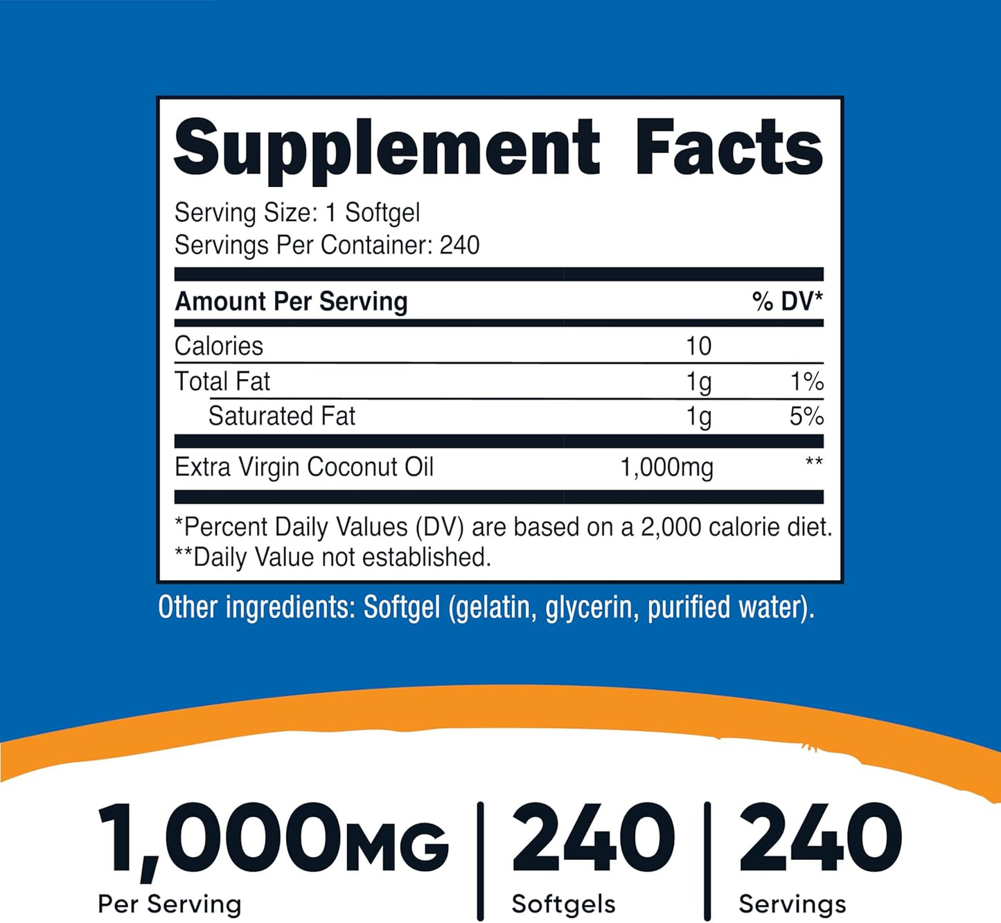 Nutricost Coconut Oil Softgels (1000mg) 240 Softgels - Extra Virgin Coconut Oil - Gluten Free and Non-GMO