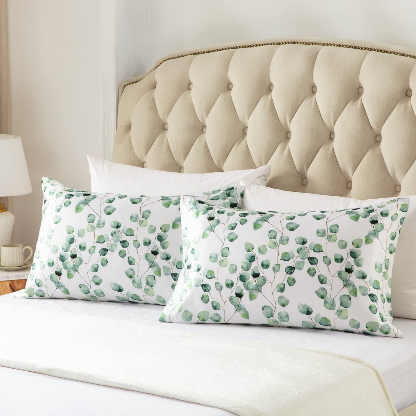 EXQ Home Satin Pillowcase for Hair and Skin,Cooling Printed Pillow Cases King Size Pillow Case Set of 2，Printed Satin Pillow Covers with Envelope Closure（Ink Leaf,20x40 inches）