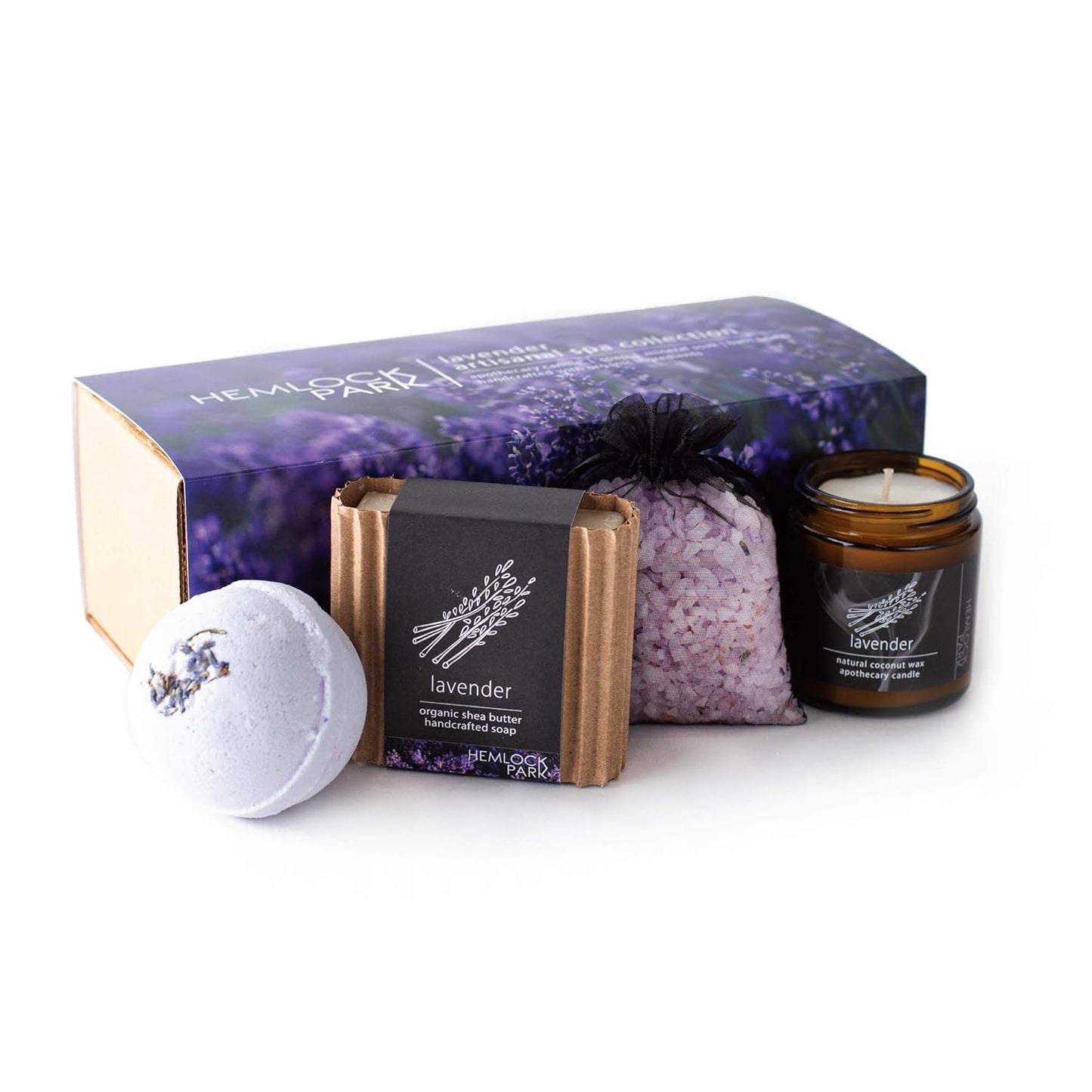 Hemlock Park Lavender Artisanal Spa Gift Box | Apothecary Candle, Shea Butter Soap, Bath Bomb, Mineral Salt Bath Soak | Handcrafted with Plant Based Ingredients